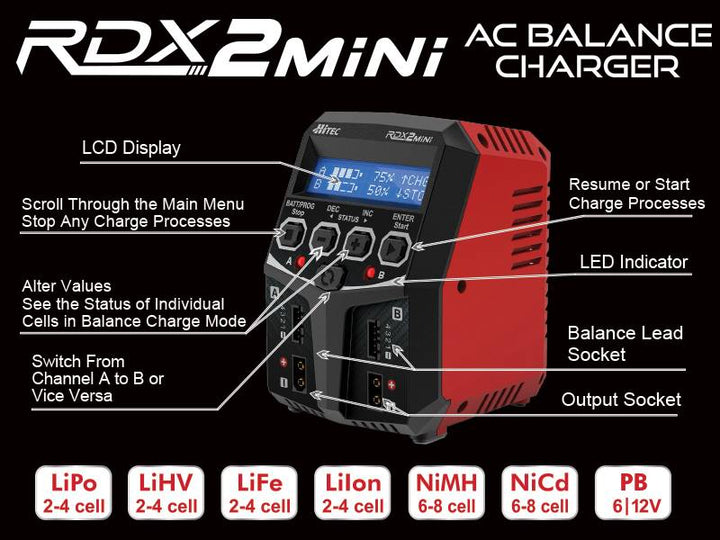 Hitec RDX2 Mini AC Multi Charger (4S/5A/50W x2) 44299 | HRC44299