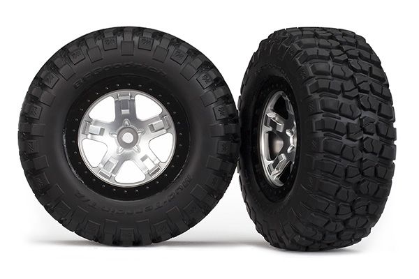 Traxxas 5878 Tires & wheels assembled glued (SCT satin chrome black beadlock style wheels BFG Mud-Terrain  TA KM2 tires foam inserts) (2)(4WD frontrear 2WD rear only)