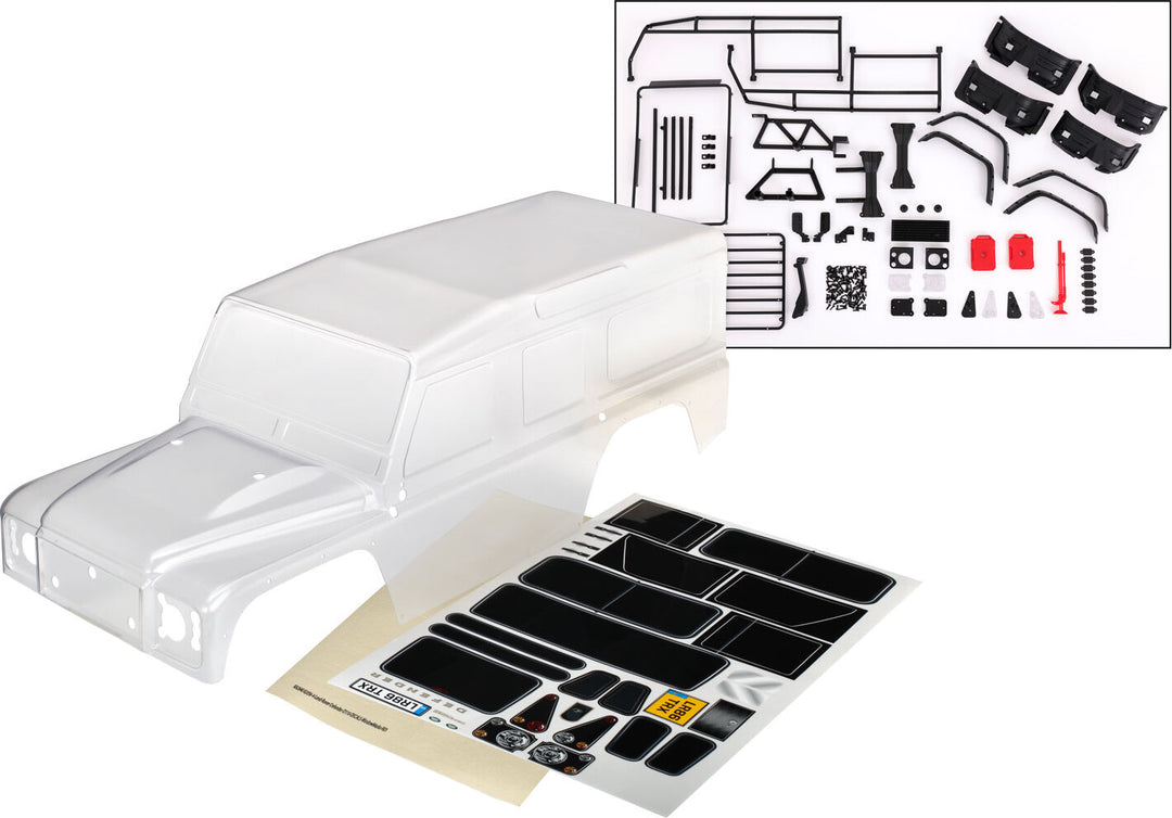 Body, Land Rover Defender, Complete (clear, Trimmed, Requires Painting) (includes Grille, Side Mirrors, Door Handles, Windshield Wipers, ExoCage, Spare Tire Mount, Decals, Window Masks)