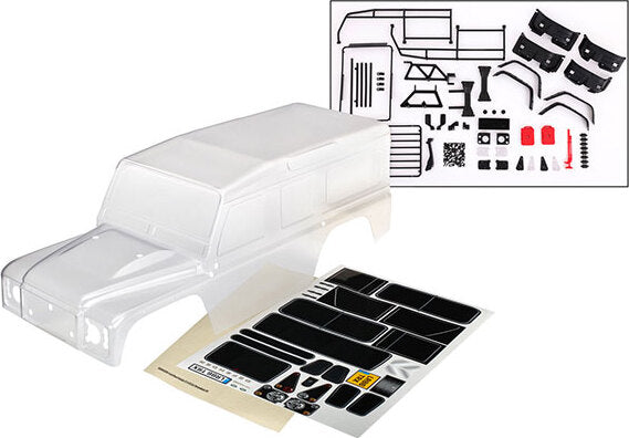 Body, Land Rover Defender, Complete (clear, Trimmed, Requires Painting) (includes Grille, Side Mirrors, Door Handles, Windshield Wipers, ExoCage, Spare Tire Mount, Decals, Window Masks)