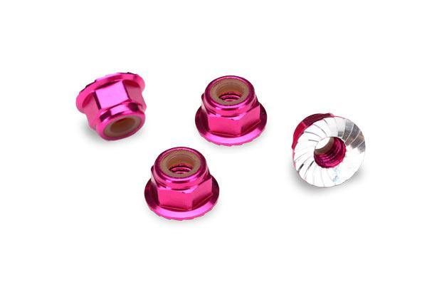 Traxxas 1747P Nuts aluminum flanged serrated (4mm) (pink-anodized) (4) - Excel RC