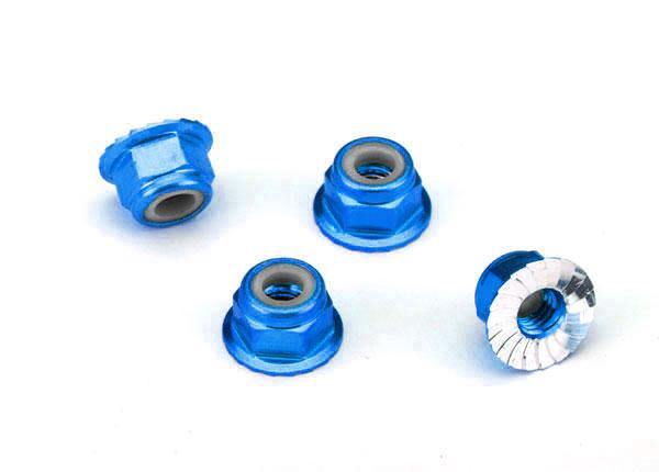 Traxxas 1747R Nuts aluminum flanged serrated (4mm) (blue-anodized) (4) - Excel RC