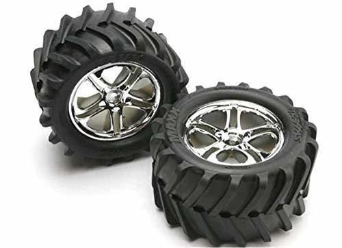 Traxxas 5173 Tires & wheels assembled glued (SS (Split-Spoke) chrome wheels Maxx® Chevron tires foam inserts) (2) (fits Revo®T-Maxx®E-Maxx with 6mm axle and 14mm hex) - Excel RC