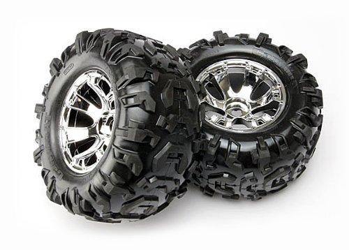 Traxxas 5673 Tires & wheels assembled glued (Geode chrome wheels Canyon AT tires foam inserts) (2) (use with 17mm splined wheel hubs & nuts part #5353X  & beadlock-style sidewall protectors part #5665 5666 5667) - Excel RC