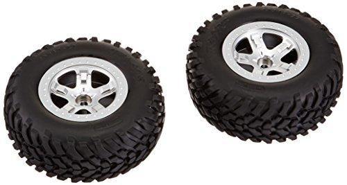 Traxxas 5875 Tires & wheels assembled glued (SCT satin chrome beadlock style wheels SCT off-road racing tires foam inserts) (2) (2WD front) - Excel RC