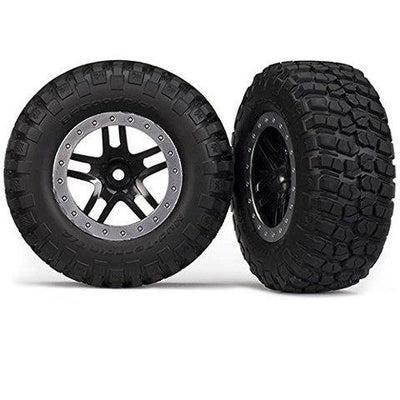 Traxxas 5883 Tires & wheels assembled glued (SCT Split-Spoke black satin chrome beadlock wheels BFGoodrich Mud-Terrain  TA KM2 tire foam inserts) (2) (4WD fr 2WD rear) - Excel RC