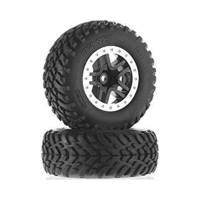 Traxxas 5889 Tires & wheels assembled glued (SCT Split-Spoke black satin chrome beadlock style wheel dual profile (2.2' outer 3.0' inner) SCT off-road racing tires foam inserts) (2) (4WD fr 2WD rear) (TSM rated) - Excel RC