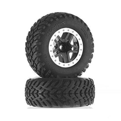 Traxxas 5890 Tires & wheels assembled glued (SCT Split-Spoke black satin chrome beadlock style wheels dual profile (2.2' outer 3.0' inner) SCT off-road racing tires foam inserts) (2) (2WD front) - Excel RC