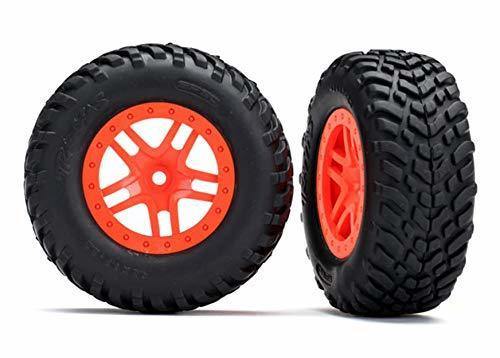 Traxxas 5892 Tires & wheels assembled glued (SCT Split-Spoke orange wheels SCT off-road racing tires foam inserts) (2) (4WD fr 2WD rear) (TSM rated) - Excel RC