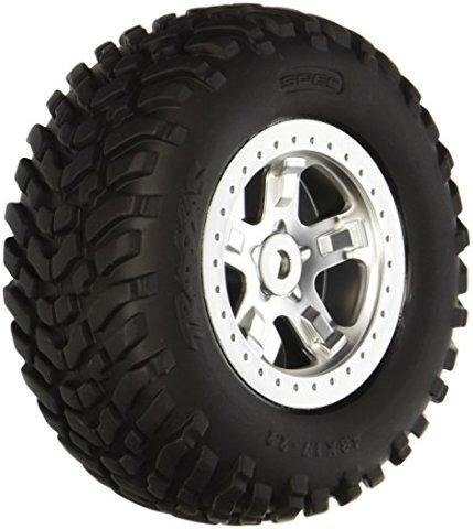 Traxxas 5973 Tires & wheels assembled glued (SCT satin chrome beadlock style wheels dual profile (2.2' outer 3.0' inner) SCT off-road racing tires foam inserts) (2) - Excel RC