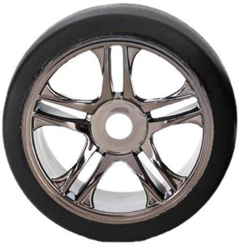 Traxxas 6479 Tires & wheels assembled glued (split-spoke black chrome wheels slick tires (S1 compound) foam inserts) (front) (2) - Excel RC