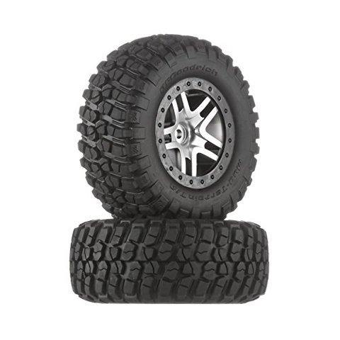 Traxxas 6873 Tires & wheels assembled glued (SCT Split-Spoke satin chrome black beadlock style wheels BFGoodrich Mud-Terrain  TA KM2 tires foam inserts) (2) (4WD fr 2WD rear) (TSM rated) - Excel RC