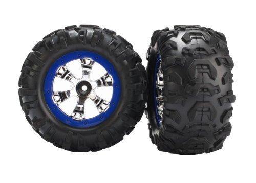 Traxxas 7274 Tires and wheels assembled glued (Geode chrome blue beadlock style wheels Canyon AT tires foam inserts) (1 left 1 right) - Excel RC
