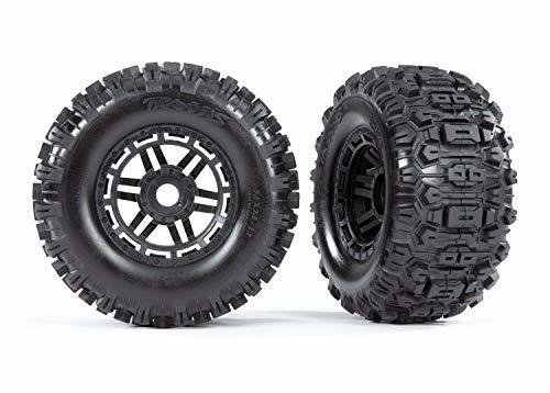 Traxxas 8973 Tires & wheels assembled glued (black wheels dual profile (2.8' outer 3.6' inner) Sledgehammer tires foam inserts) (2) (17mm splined) (TSM rated) - Excel RC