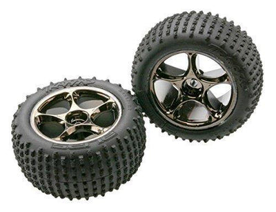 Traxxas 2470A Tires & wheels assembled (Tracer 2.2' black chrome wheels Alias 2.2' tires) (2) (Bandit rear medium compound with foam inserts) (TSM rated) - Excel RC