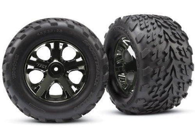 Traxxas 3669A Tires & wheels assembled glued (2.8') (All-Star black chrome wheels Talon tires foam inserts) (nitro rear electric front) (2) (TSM rated) - Excel RC