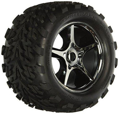 Traxxas 5374X Tires & wheels assembled glued (Gemini black chrome wheels Talon tires foam inserts) (2) (use with 17mm splined wheel hubs & nuts part #5353X) (TSM rated) - Excel RC