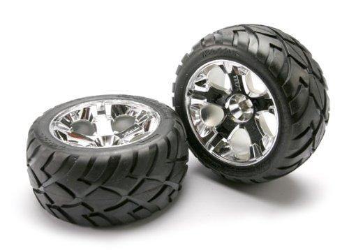 Traxxas 5577R Tires & wheels assembled glued (All-Star chrome wheels Aconda® tires foam inserts) (nitro front) (1 left 1 right) - Excel RC
