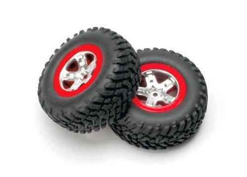 Traxxas 5873A Tires & wheels assembled glued (SCT satin chrome red-beadlock style wheels SCT off-road tires foam inserts) (2) (4WD frontrear 2WD rear only) - Excel RC