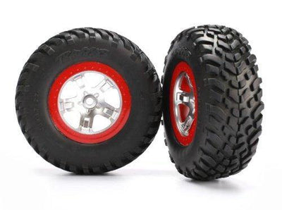 Traxxas 5873R Tires & wheels assembled glued (SCT satin chrome red beadlock wheels ultra-soft S1 compound off-road racing tires inserts) (2) (2WD rear 4WD fr) - Excel RC