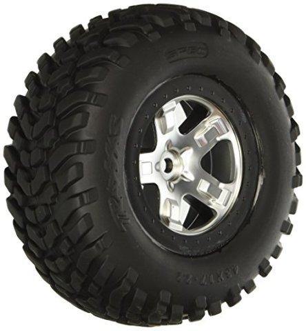 Traxxas 5873X Tires & wheels assembled glued (SCT satin chrome black beadlock style wheels SCT off-road racing tires foam inserts) (2) (4WD frontrear 2WD rear only) - Excel RC