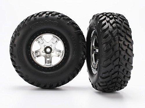 Traxxas 5875X Tires & wheels assembled glued (SCT satin chrome black beadlock style wheels SCT off-road racing tires foam inserts) (2) (2WD front) - Excel RC