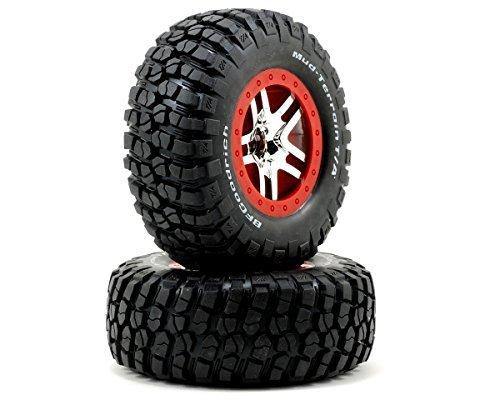 Traxxas 5877R Tires & wheels assembled glued (S1 ultra-soft off-road racing compound) (SCT Split-Spoke chrome red beadlock style wheels BFGoodrich Mud-Terrain  TA KM2 tires) (2) (2WD front) - Excel RC