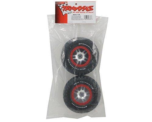 Traxxas 5877R Tires & wheels assembled glued (S1 ultra-soft off-road racing compound) (SCT Split-Spoke chrome red beadlock style wheels BFGoodrich Mud-Terrain  TA KM2 tires) (2) (2WD front) - Excel RC