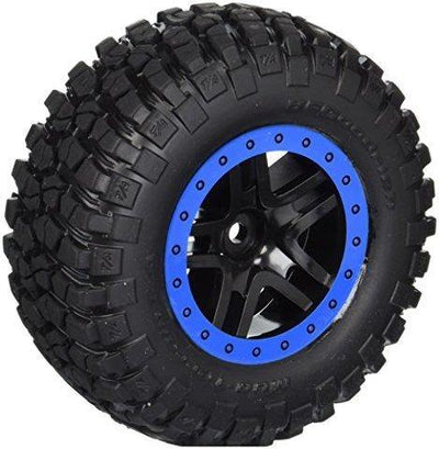 Traxxas 5883A Tire & wheel assy glued (SCT Split-Spoke black blue beadlock wheels BFGoodrich Mud-Terrain  TA KM2 tire inserts) (2) (4WD fr 2WD rear) - Excel RC