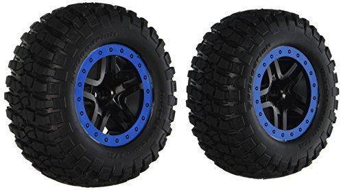 Traxxas 5885A Tire & wheel assy glued (SCT Split-Spoke black blue beadlock wheels  BFGoodrich Mud-Terrain  TA KM2 tires  inserts) (2) (2WD Front) - Excel RC
