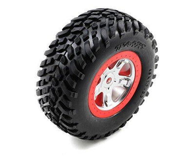 Traxxas 5973A Tires & wheels assembled glued (SCT satin chrome red beadlock wheels dual profile (2.2' outer 3.0' inner) SCT off-road tires foam inserts) (2) - Excel RC