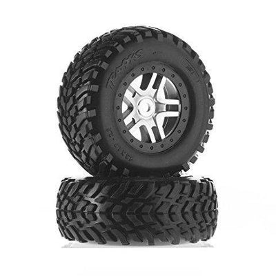Traxxas 5975X Tires & wheels assembled glued (S1 compound) (SCT Split-Spoke satin chrome black beadlock style wheels dual profile (2.2' outer 3.0' inner) SCT off-road racing tires foam inserts) (2) (frontrear) - Excel RC
