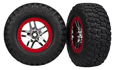 Traxxas 6873R Tires & wheels assembled glued (S1 ultra-soft off-road racing compound) (SCT Split-Spoke chrome red beadlock style wheels BFGoodrich Mud-Terrain  TA KM2 tires foam inserts) (2) (4WD fr 2WD rear) - Excel RC
