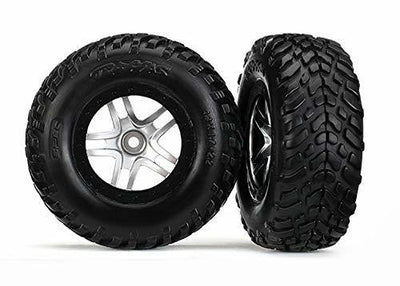 Traxxas 6892R Tires & wheels assembled glued (S1 compound) (SCT Split-Spoke satin chrome black beadlock style wheels dual profile (2.2' outer 3.0' inner) SCT off-road racing tires foam inserts) (2) (4WD fr 2WD rear) (TSM rated) - Excel RC