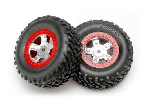 Traxxas 7073A Tires and wheels assembled glued (SCT satin chrome wheels red beadlock style SCT off-road racing tires foam inserts) (1 each right & left) - Excel RC