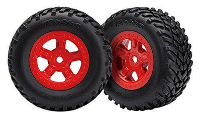 Traxxas 7674R Tires and wheels assembled glued (SCT red wheels SCT off-road racing tires) (1 each right & left) - Excel RC