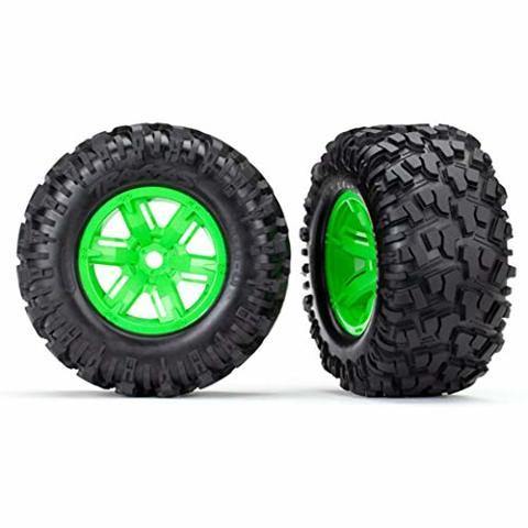 Traxxas 7772G Tires & wheels assembled glued (X-Maxx® green wheels Maxx® AT tires foam inserts) (left & right) (2) - Excel RC