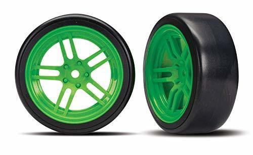Traxxas 8376G Tires and wheels assembled glued (split-spoke green wheels 1.9' Drift tires) (front) - Excel RC