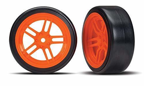 Traxxas 8377A Tires and wheels assembled glued (split-spoke orange wheels 1.9' Drift tires) (rear) - Excel RC