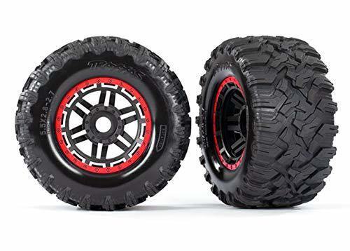 Traxxas 8972R Tires & wheels assembled glued (black red beadlock style wheels Maxx MT tires foam inserts) (2) (17mm splined) (TSM® rated) - Excel RC