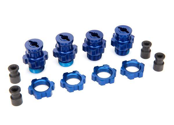 Traxxas 5853X Wheel hubs splined 17mm short (2) long (2)wheel nuts splined 17mm (4) (blue-anodized) hub retainer M4x0.7 (4)axle pin (4)wrench 5mm - Excel RC