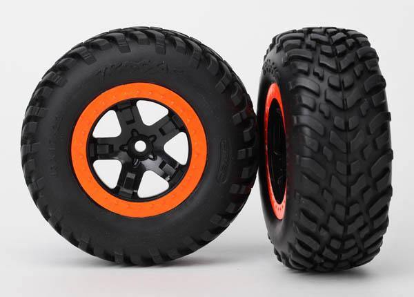 Traxxas 5864 Tire & wheel assy glued (SCT black orange beadlock wheels SCT off-road racing tires foam inserts) (2) (2WD front) - Excel RC