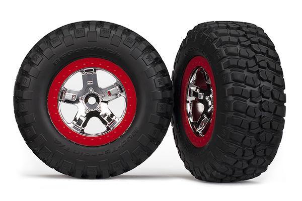 Traxxas 5869 Tires & wheels assembled glued (SCT chrome red beadlock style wheels BFGoodrich® Mud-Terrain™  TA® KM2 tires foam inserts) (2) (2WD front) - Excel RC