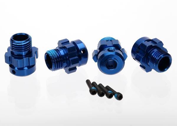 Traxxas 6469 Wheel hub splined 17mm 6061-T6 aluminum (blue-anodized) (4) screw pin 4x13mm (with threadlock) (4) (for 6mm axles) - Excel RC