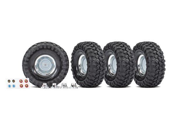 Traxxas 8166X Tires and wheels assembled glued (1.9' chrome wheels Canyon Trail 4.6x1.9' tires) (4) center caps (4) decal sheet (requires #8255A extended stub axle) - Excel RC
