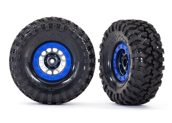 Tires and wheels, assembled, glued (Method 105 1.9' black chrome, blue beadlock style wheels, Canyon Trail 4.6x1.9' tires, foam inserts) (1 left, 1 right) - Excel RC