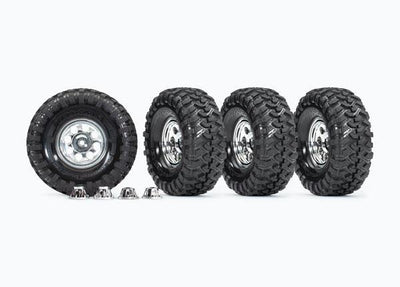 Traxxas 8183X Tires and wheels assembled glued (1.9' classic chrome wheels Canyon Trail 4.6x1.9' tires) (4) center caps (4) decal sheet (requires #8255A extended stub axle) - Excel RC