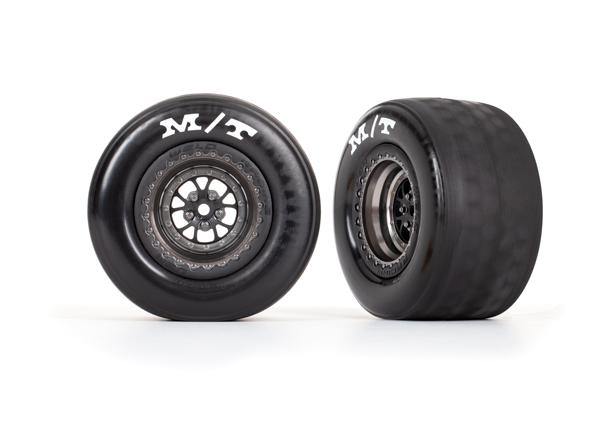 Traxxas 9475A Tires & Wheels, Assembled, Glued (Weld Satin Black Chrome Wheels, Tires, Foam Inserts) (Rear) (2) - Excel RC