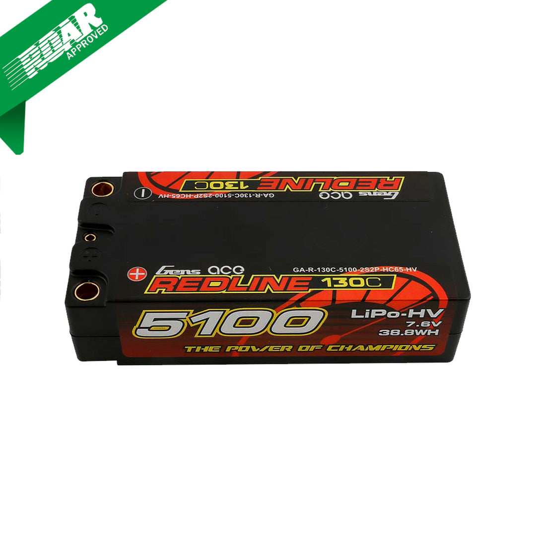 Gens Ace Redline Series 5100mAh 7.6V 130C 2S2P HardCase HV Shorty Lipo Battery