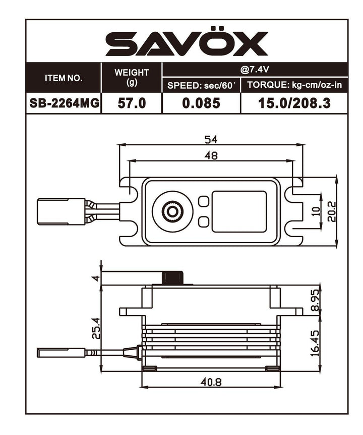 Savox SAVSB2264MG Low Profile HV Brushless Servo .085sec / 208.3oz @ 7.4V - Excel RC